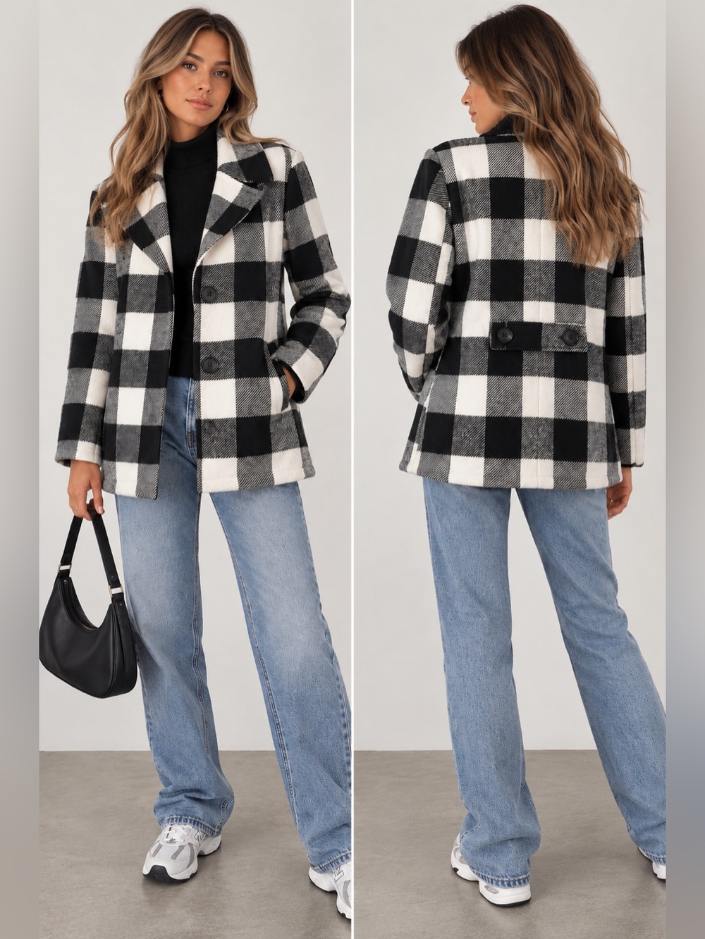 Rampage Buffalo Plaid Coat Black White Check Button Front Jacket Size L